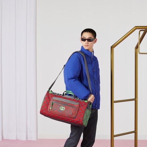 Gucci Men's Duffle Bag GG Jacquard Nylon & Rubber Large Color Gray-Green-Red - Picture 15 of 16